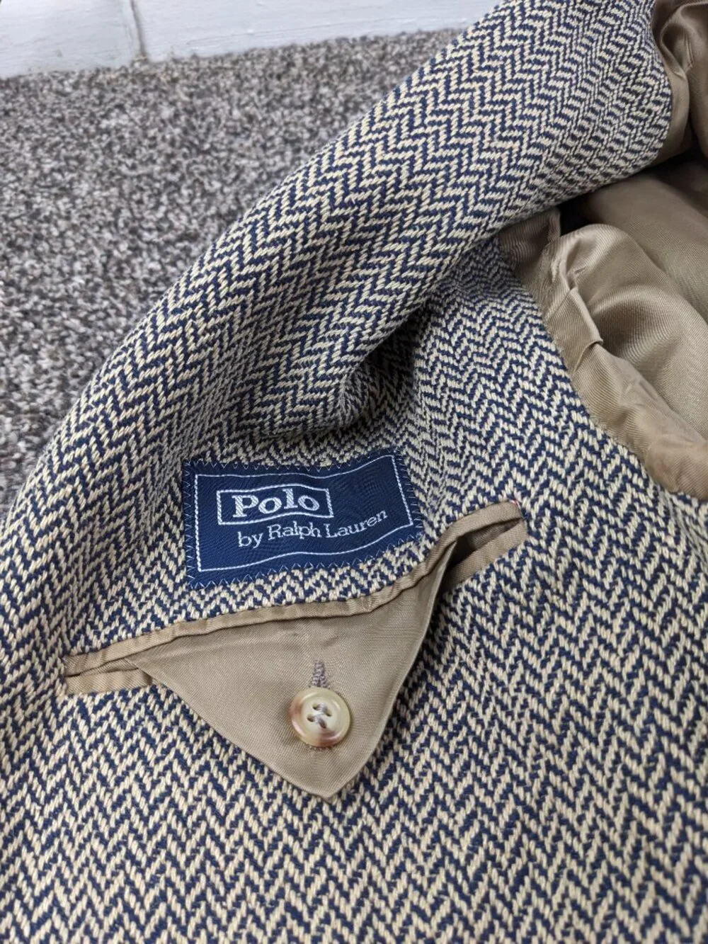 Polo Ralph Lauren Blazer Sport Coat Tweed Silk Tan Blue Herringbone 44L Italy